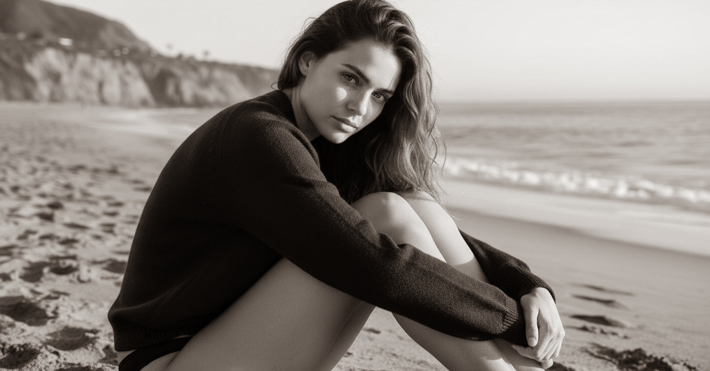 Woman sitting on a beach with a scenic background